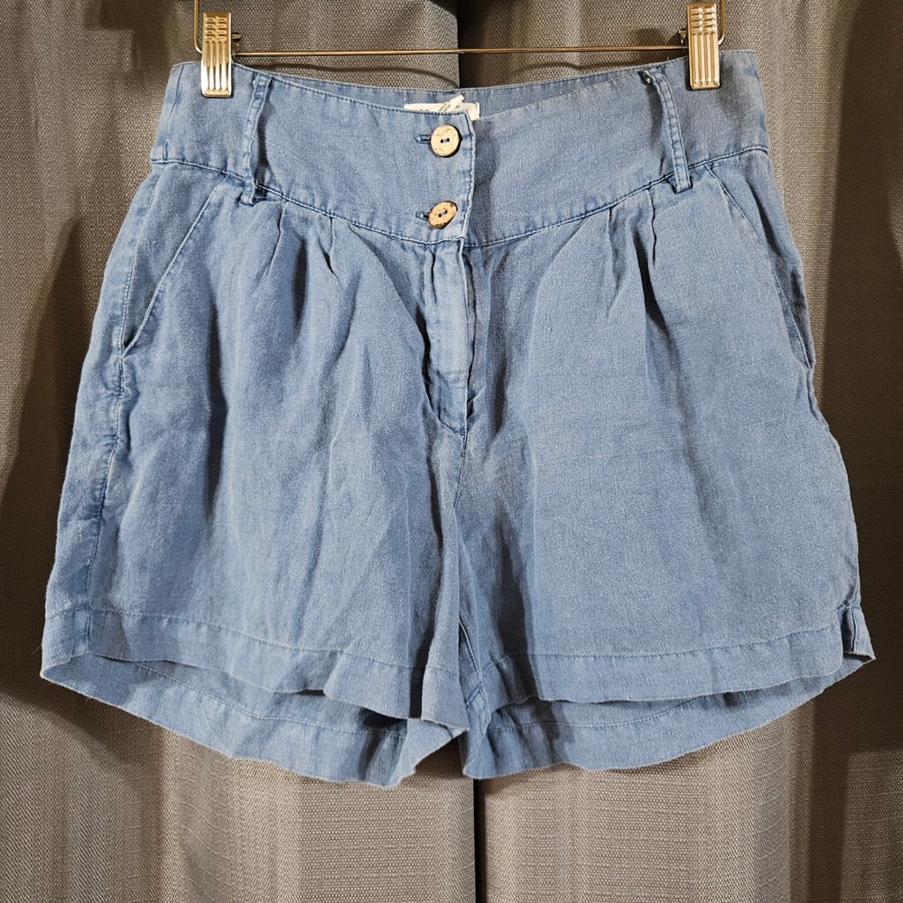 Artisan NY 100% Linen Blue Pleated High Rise Shorts Womens Size 2‎ Chambray